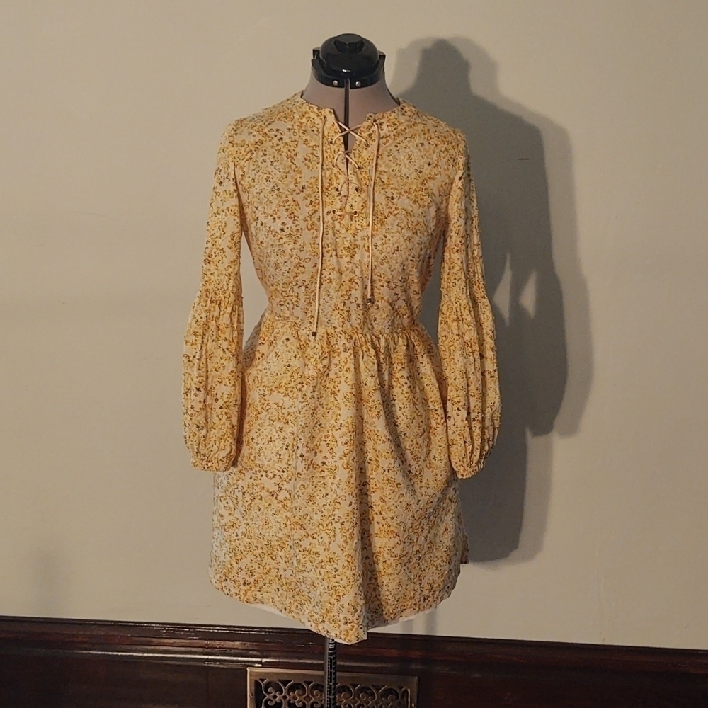 Handmade Floral Lace Up Dress with a Gathered Skirt and Sleeves